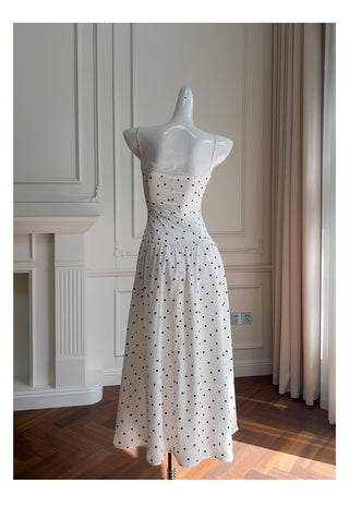 Polka Dot Lace Panel Ruched Midi Dress