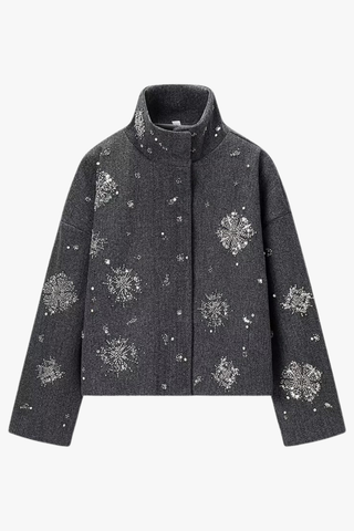 Embellished Wool Short Jacket – Grey High Neck Coat with Crystal Beads & Sequins