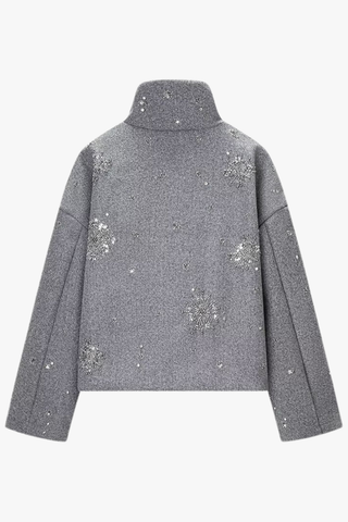 Embellished Wool Short Jacket – Grey High Neck Coat with Crystal Beads & Sequins