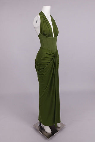 Halter Neck Corset Sleeveless Long Dress with Draped Slit