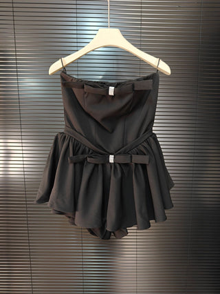 Bow-Detail Strapless Mini Romper with Flounce Skirt Overlay
