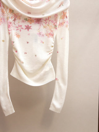 Floral Print Draped Neck Knit Long Sleeve Ruched Fitted Top