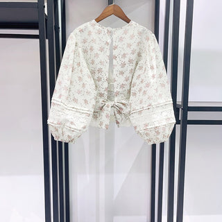 Floral Lace Trim Balloon Sleeve Blouse