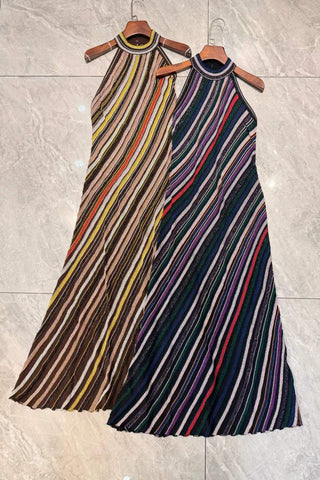 Halter Neck Open-Back Striped Knit Long Evening Dress