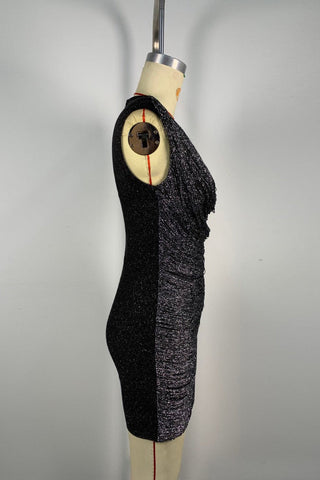 Metallic Draped Cowl Neck Sleeveless Bandage Mini Dress