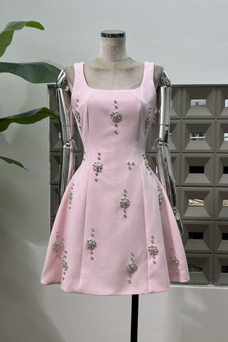 Crystal Embellished Open Back Bow Mini Dress