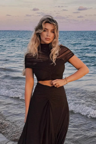 Ruched Mesh Short Sleeve Cut-Out Long Dress