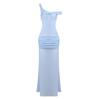 Draped Asymmetric Mesh Long Dress
