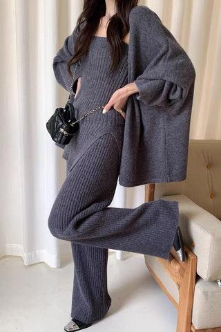 Comfy Ribbed Knit Three-Piece Cardigan, Top & Wide-Leg Pants Set