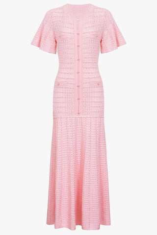 Crystal Embellished Textured Knit Short Sleeve Long Dress