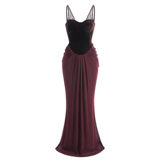 Sleeveless Velvet Corset Long Dress with Mesh Straps & Draped Chiffon Skirt