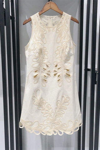 Cutout Embroidered Mini Dress – Sleeveless Design, Scalloped Hem & Classic Fit