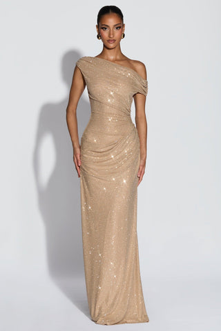One-Shoulder Shimmer Mesh Long Evening Dress