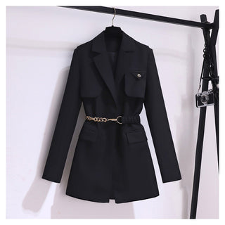 Structured Pocket Detail Blazer with Chain Belt – Long Sleeve Tailored Jacket