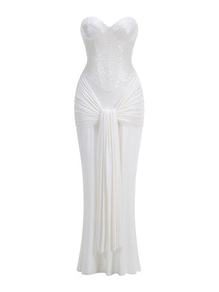 Sequin Corset Strapless Sweetheart Ruched Draped Long Dress