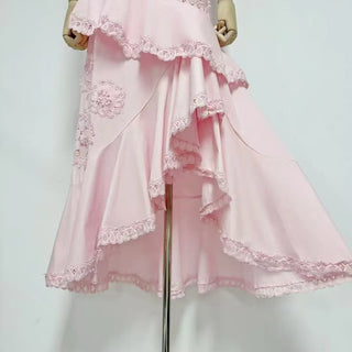 Strapless Lace Appliqué Crop Top & Tiered Asymmetric Long Skirt Set