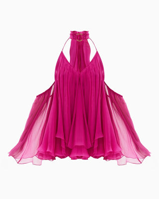 Pleated Halter Mini Dress with Sheer Draped Sleeves