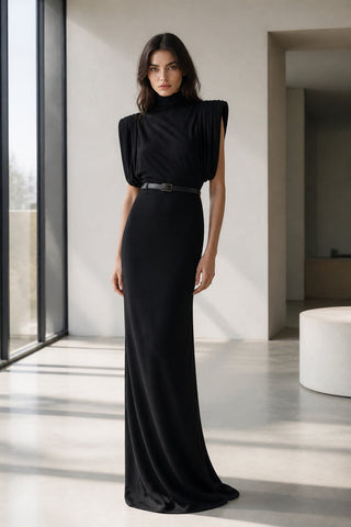 High-Neck Draped Shoulder Long Dress with Belt