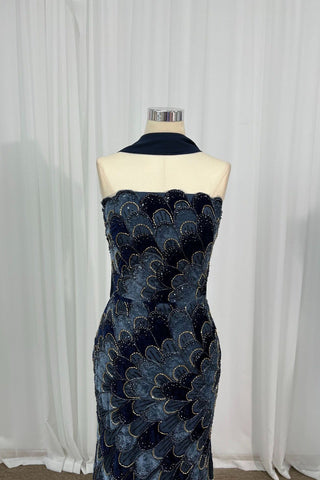 Shimmer Petal Sleeveless Long Dress with Draped Scarf