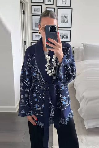 Boho Fringe Knit Cardigan – Jacquard Pattern, Long-Sleeve, Belted Design