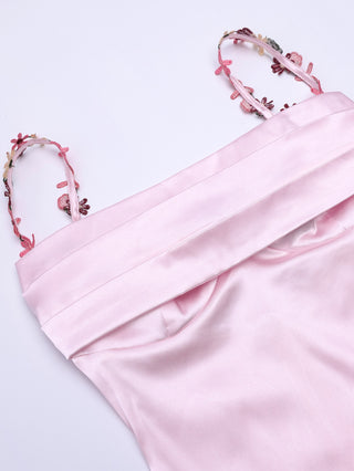 Floral Strap Satin Long Dress with Sleeveless Cowl Neck Design