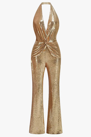 Sequin Halter Neck Sleeveless Flared Jumpsuit