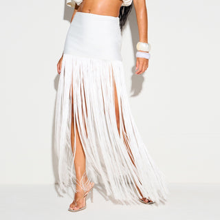 Fringe Long Sleeve Crop Top & High Waist Long Skirt Set
