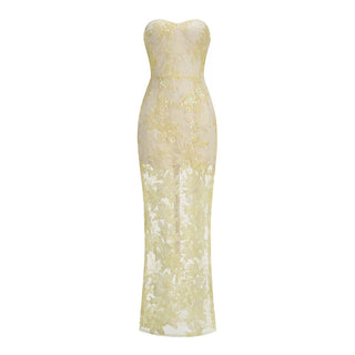 Elegant Strapless Floral Lace Embroidered Long Dress with Sequin Detail