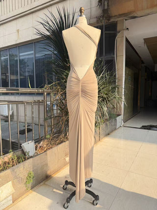 Halter Neck Ruched Open-Back Long Dress