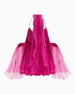 Pleated Halter Mini Dress with Sheer Draped Sleeves