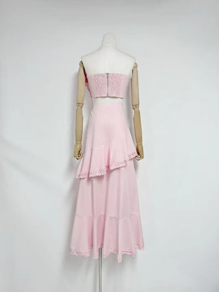 Strapless Lace Appliqué Crop Top & Tiered Asymmetric Long Skirt Set