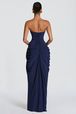 Strapless Ruched Long Dress with Lace-Up Back & High Slit