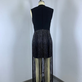 Metallic Fringe High Neck Sleeveless Long Dress