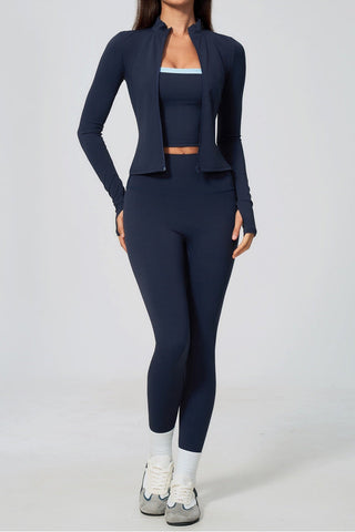 Zip-Up Active Jacket, Bandeau Top & High-Waist Leggings Set