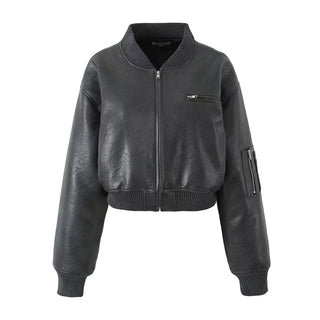 Cropped Faux Leather Bomber Jacket with Zip Detail