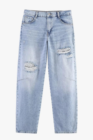 High-Waisted Straight Leg Distressed Jeans with Lace Detail