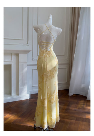 Petal Embellished Mesh Halter Column Dress with Slim Straps