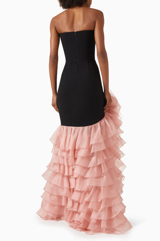 Strapless Fitted Floral Appliqué Ruffle Long Dress