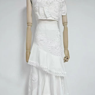 Strapless Lace Appliqué Crop Top & Tiered Asymmetric Long Skirt Set