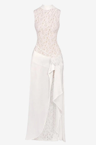 Sleeveless High Neck Lace & Draped Satin Rosette Long Dress