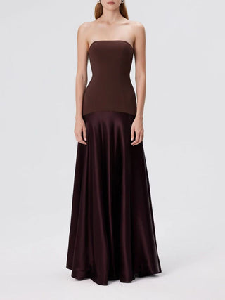 Strapless Sleeveless Structured Bodice Satin Skirt Long Dress