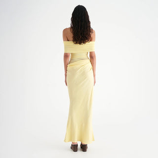 Off-Shoulder Ruched Mesh Cut-Out Long Dress