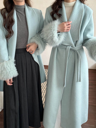 Luxury Wool-Blend Wrap Coat with Faux Fur Cuff Sleeves