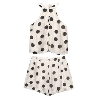 Elegant Polka Dot Halter Top & High-Waisted Shorts Linen Blend Set