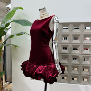 Sleeveless Burgundy Velvet Mini Dress with Bubble Hem Design