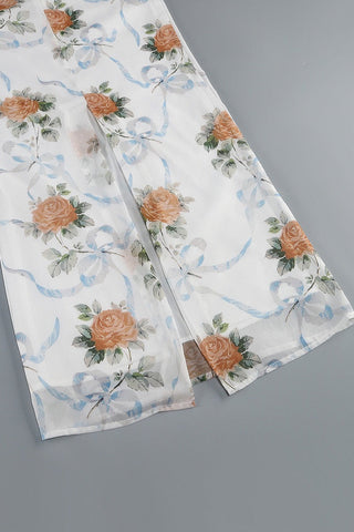 Floral Chiffon Corset Long Dress with Lace Strap Detail and Structured Bodice Design