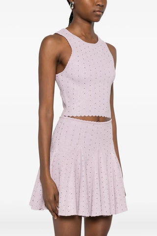 Ribbed Knit Top & Skater Skirt Set – Rhinestone Embellishments, Scalloped Trim & Flared Mini Skirt