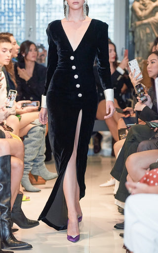 Velvet Deep V Long Dress with Crystal Buttons, Long Sleeves & Front Slit