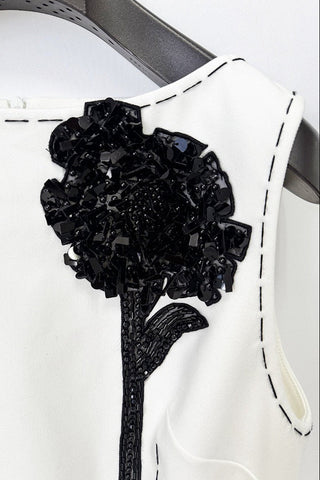 Sleeveless Mini Shift Dress with Floral Appliqué & Contrast Stitch Detail