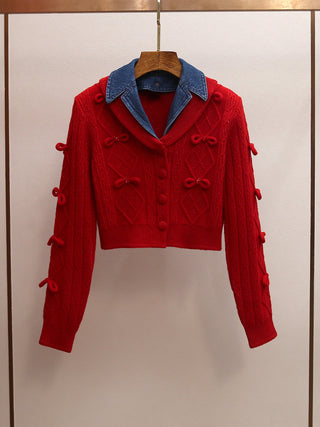 Cable Knit Bow Detail Long Sleeve Cropped Cardigan